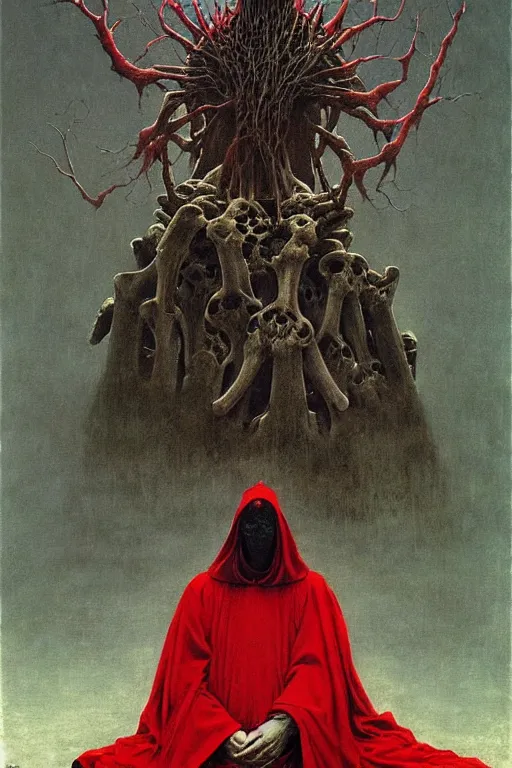 Prompt: a priest with no face, wearing red robes, sits on a throne of bones, gothic horror, surrealism Part Beksinski painting, part by Adrian Ghenie and Gerhard Richter, part by Takato Yamamoto. 8k masterpiece