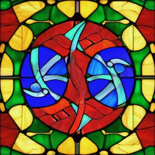 Prompt: stained glass with two red fishes in yin yang composition and green lily pads in blue water, tiffany stained glass, digital art, 4 k