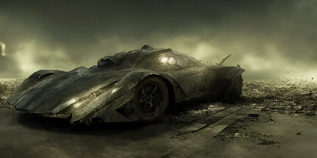 Prompt: the batmobile caught in the flow of time. octane render. 8 k. dark. atmospheric. cinematic. spectacular. sense of awe. debris. mist. strong winds. slowmotion. matte painting painted by sparth and craig mullins