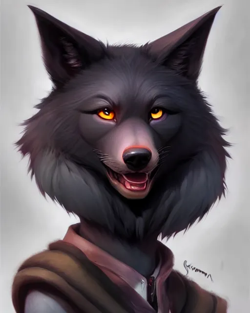 Image similar to character concept art of a black anthropomorphic male furry wolf long red hair | | cute - fine - face, pretty face, key visual, realistic shaded perfect face, fine details by stanley artgerm lau, wlop, rossdraws, james jean, andrei riabovitchev, marc simonetti, and sakimichan, trending on artstation