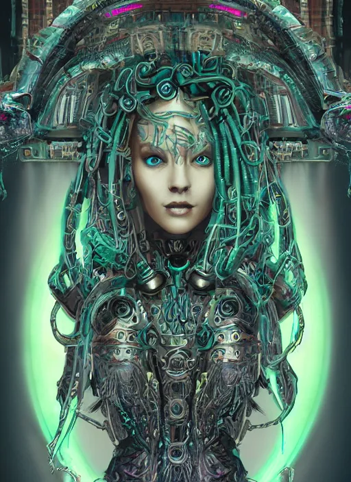 Image similar to ultradetailed ornate cyberpunk RPG character sci-fi illustration of a beautiful symmetric Medusa radiating a majestic glowing aura, intricate smooth digital painting, sharp focus, deep neon-noir tones, 3d rim light, artstation, concept art, hyperrealistic, photorealistic, Kodakchrome