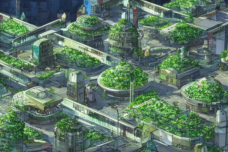 Prompt: an optimistic futuristic cannabis city street with hemp leaf pop motifs, by ghibli