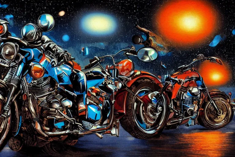 Image similar to motorcycles outside of bar night sky stars illustration by jack kirby artstation 4 k 8 k graphic novel concept art matte painting