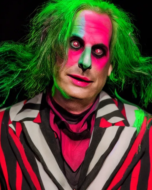 Image similar to Will Arnett as Beetlejuice, makeup, green hair, cinematic lighting, 4k photograph