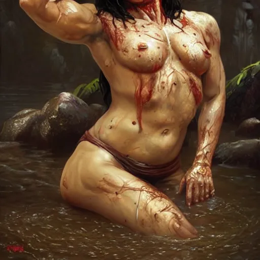 Prompt: portrait painting of a muscular bloodied indian middle aged woman bathing, ultra realistic, concept art, intricate details, eerie, horror, highly detailed, photorealistic, octane render, 8 k, unreal engine. art by artgerm and greg rutkowski and alphonse mucha