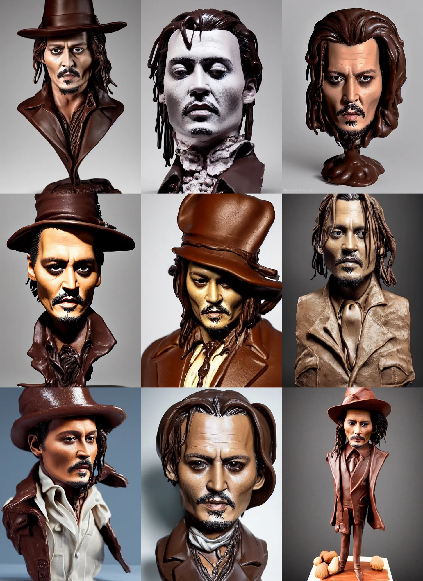 Prompt: chocolate! sculpture of johnny depp, chocolate art, studio lighting