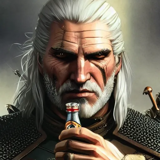 Image similar to geralt the witcher 3 drinking coca cola, d & d, fantasy, intricate, elegant, highly detailed, digital painting, artstation, concept art, matte, sharp focus, illustration, hearthstone, art by artgerm, art by greg rutkowski, art by alphonse mucha