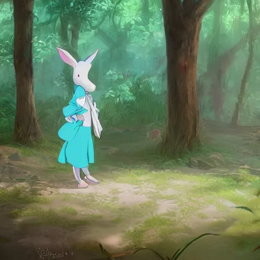 Image similar to concept art painting of a white rabbit wearing a turquoise dress, in the deep forest, realistic, detailed, cel shaded, in the style of makoto shinkai and greg rutkowski and james gurney