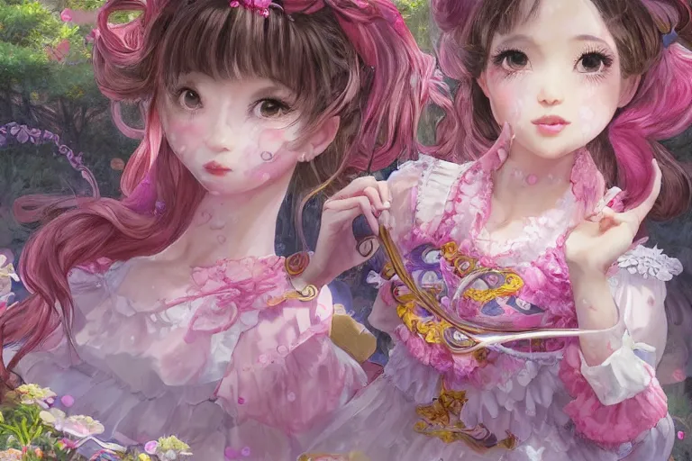 Image similar to portrait of magical lolita girl in a Japanese garden, dreamy and ethereal, expressive pose, big pink eyes, peaceful expression, ornate frilly dress, fantasy, intricate, elegant, many rainbow bubbles, rose tones, dynamic lighting, highly detailed, 8k, digital painting, artstation, concept art, smooth, sharp focus, illustration, art by artgerm and greg rutkowski and alphonse mucha
