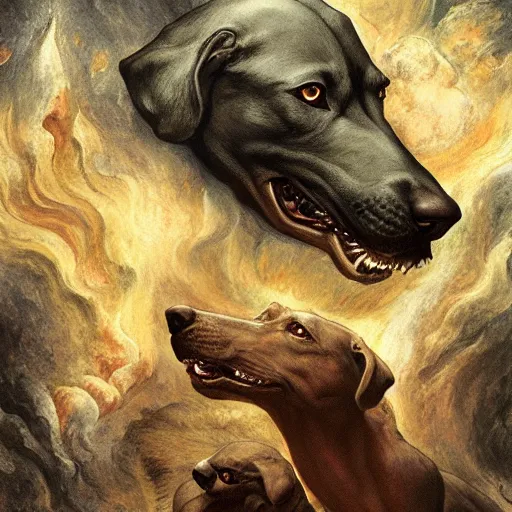 Image similar to hyperdetailed matte art of a three headed dog cerberus by william blake, greg rutkowski, amano, rene magritte, craig mullins, three headed dog cerberus, details