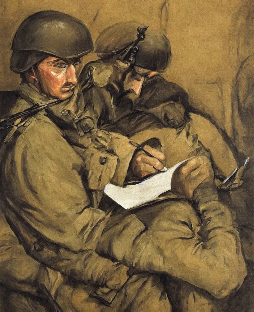 Prompt: a beautiful painting of an italian soldier from world war 2 sitting in the trench, writing a letter, de chirico