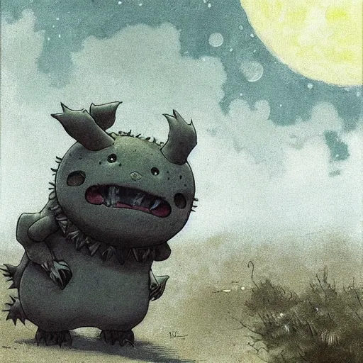 Prompt: ( ( ( ( ( grey lovecraftian mechanized pikachu demon from howl's moving castle ( 2 0 0 4 ), with a big head, on a desert road, wide shot, in front of a big moon. muted colors. ) ) ) ) ) by jean - baptiste monge!!!