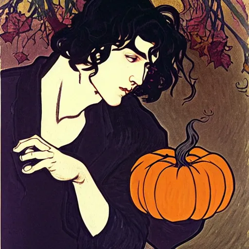 Image similar to painting of young cute handsome beautiful dark medium wavy hair man in his 2 0 s named shadow taehyung and cute handsome beautiful min - jun together at the halloween witchcraft party with bubbling cauldron, melancholy, autumn colors, elegant, painting, stylized, gorgeous eyes, soft facial features, delicate facial features, art by alphonse mucha, vincent van gogh, egon schiele