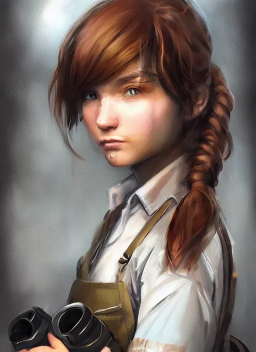 Image similar to a portrait digital painting of a young girl with hazel - brown hair. post - apocalyptic clothing. she's wearing a mechanics uniform and has been working on some large machinery. a factory background with big machines, pipes, computer monitors. painted by artgerm, ross tran.