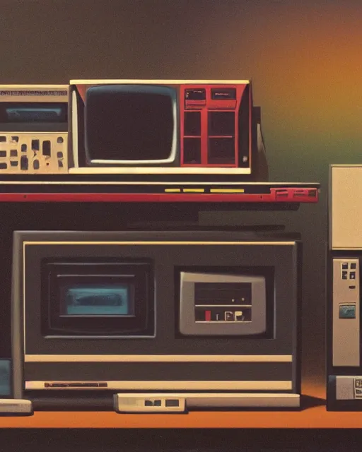 Prompt: a monitor amongst 8 0 s era technology, vintage shapes, retro technology, vintage color, wayne barlow, oil on canvas, deep depth of field, masterpiece, cinematic composition, hyperdetailed