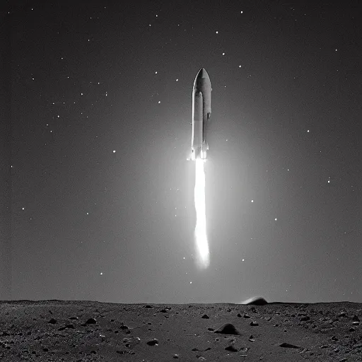 Prompt: black and white photo of a detailed rocket blasting off from mars, black background with glowing stars and satalites, cinematic film still, high contrast, astrophotography, polaroid,