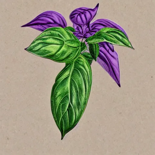 Prompt: purple basil leaf serrated edges botanical illustration cute small sticker by pierre - joseph redoute