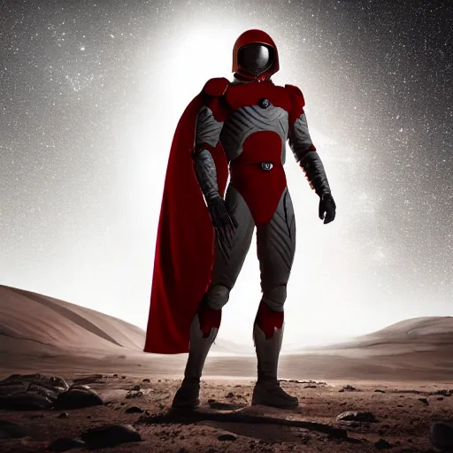 Image similar to tall muscular infantry man in glossy sleek white armor with a few red details and a long red cape, heroic posture, on the surface of mars, night time, dramatic lighting, cinematic, sci-fi, hyperrealistic, movie still