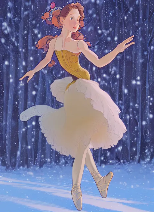 Image similar to well - lit art nouveau portrait of a 1 3 - year old ballet girl dancing in the snow, natural lighting, path traced, highly detailed, high quality, cartoon, digital painting, by don bluth and ross tran and studio ghibli