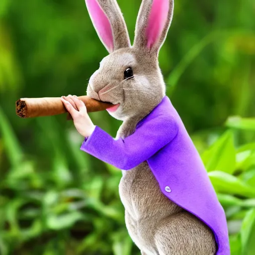 Image similar to a violet rabbit smoking a cigar, stock photo