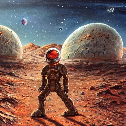 Prompt: android walking on mars, alien village in background, mike mignogna, highly detailed, oil painting, comic book cover, dark, rich colors, vintage sci fi, 1 9 8 0 s, 1 9 7 0 s, retrofuture, trending on artstation