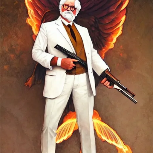 Image similar to a full body portrait of colonel sanders the greek god with a shotgun!! in hell!!! extremely beautiful, anatomically accurate, by artgerm and by greg rutkowski and by alphonse mucha and by simon bisley, radiant light, detailed and intricate environment,