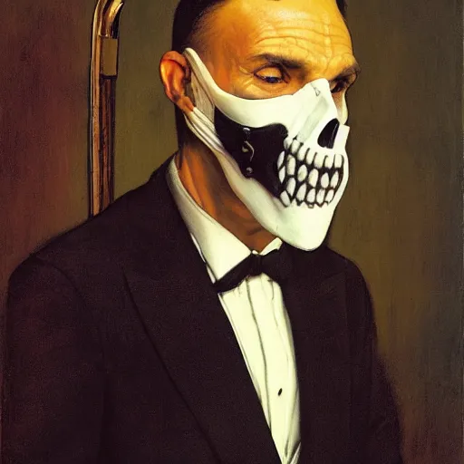 Image similar to portrait of a suited man with gloves and a skull mask, by Gerald Brom and Norman Rockwell