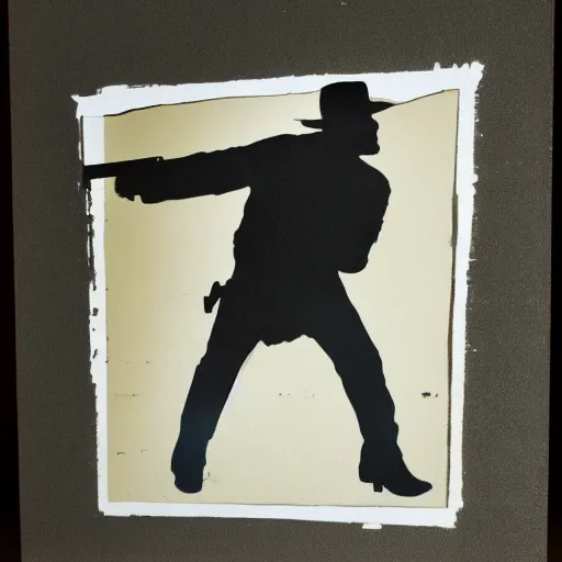 Image similar to transparent siluette of a outlaw pointing a gun. serigraph. screen - printed on top of a photograph. sun - bleached highlights. sanded surface with scratches soft colors