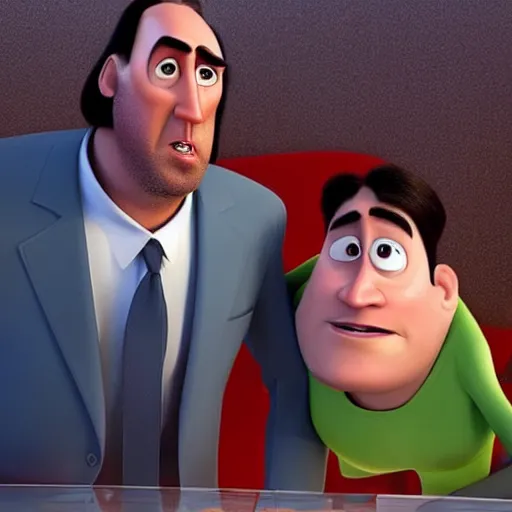 Prompt: nic cage in the incredibles, pixar,