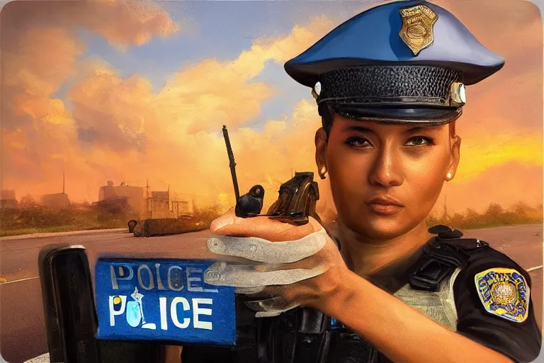 Image similar to police, fantasy, painting, ultra realistic!!!, clear weather, golden hour, sharp focus