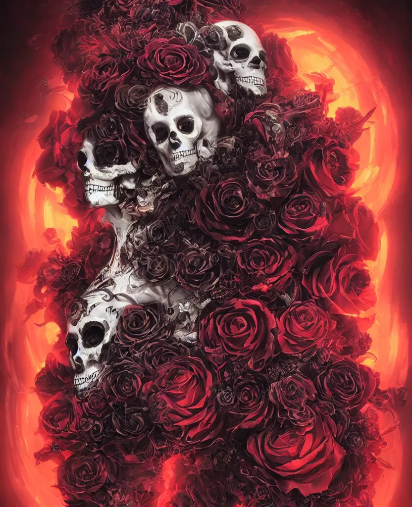 Image similar to a chaotic goddess of death skull black rose s day of the dead atmospheric, dramatic, Trending on artstation. augmentations and cybernetic enhancements neon circuits, greg rutkowski , hyperrealist, cinema4D, 8k highly detailed ❤️‍🔥 🔥 💀 🤖 🚀