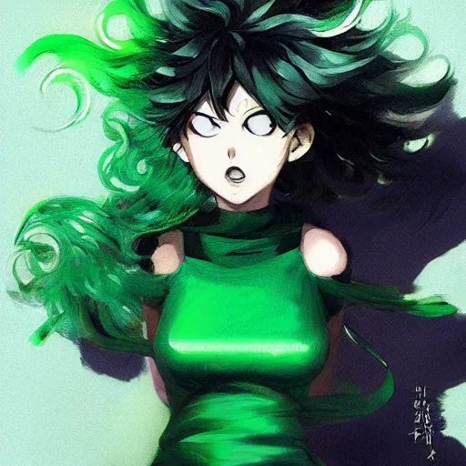 Prompt: tatsumaki from one punch man, green wavy hair, black dress, fine details, digital painting, pretty face, sharp focus, light and shadow effects, dynamic pose, by cushart krenz, by makoto shinkai