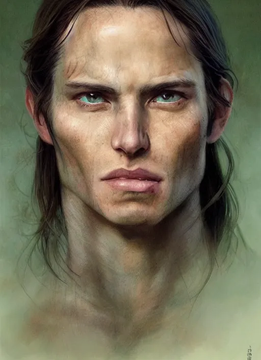 Prompt: a warrior in his twenties smirking deceitfully with long light brown hair tied back, light green eyes, a large forehead, a widows peak and a round face with high cheekbones and full lips as a realistic d & d fantasy character, portrait art by donato giancola and greg rutkowski, vintage retro, realistic face, digital art, trending on artstation