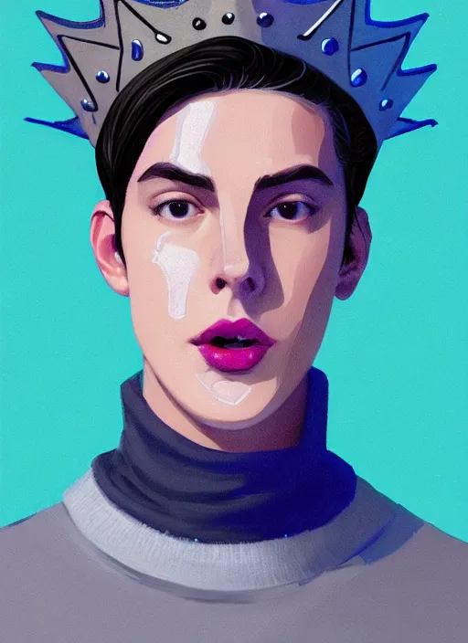 Prompt: portrait of teenage jughead jones wearing a light grey crown, crown, eating hamburger, blue turtleneck, eyes closed, crown, black hair, intricate, elegant, glowing lights, warm lighting, highly detailed, digital painting, artstation, concept art, smooth, sharp focus, illustration, art by wlop, mars ravelo and greg rutkowski