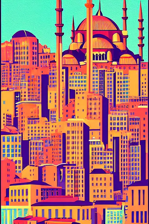 Prompt: minimalist colorful poster, line art of istanbul, art deco, cityscape, matte drawing, by chihiro iwasaki john and singer sargent