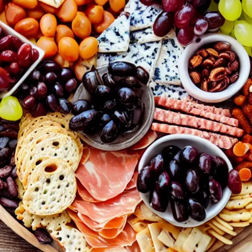 Prompt: detailed photo of a charcuterie board full of different cheeses, smoked meats, different olives, red grapes, crackers, bird feathers, halloween candy, cvs receipts, insects