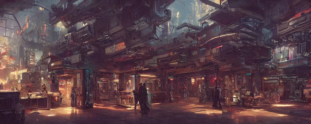 Prompt: Futuristic cyberpunk gun shop. Dystopian. Cinematic lighting. Art by moebius and Thomas Kinkade and Greg Rutkowski.