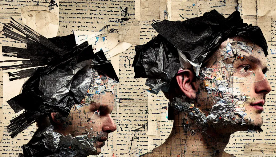 Prompt: rendered in blender trash bag on his head and crumpled paper as a texture, collage paper and tape, slit - scan photography, high resolution, cinematic, unreal 6, breathtaking detailed, by blake neubert