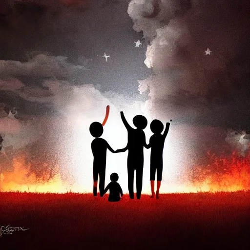 Image similar to A family hugging each other for the last time as the world is ending, meteors are falling from the sky, everything is on fire, dramatic lighting, digital art, very beautiful, 8K, dark lighting, trending on Artstation, award winning