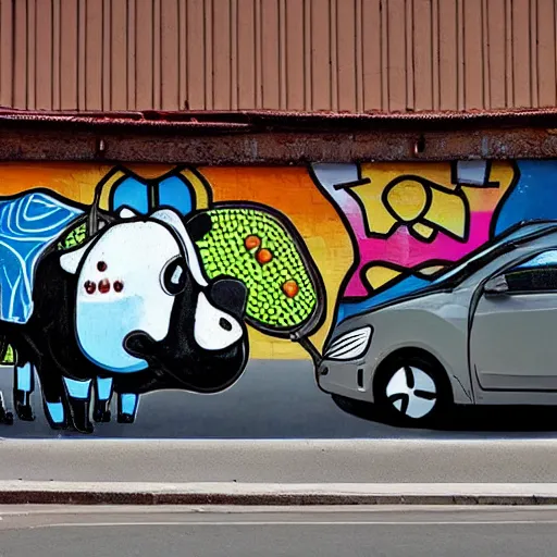 Image similar to cow driving a car, street art style, 4 k