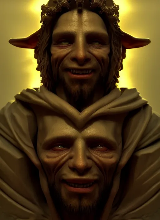 Prompt: portrait of goblin Jesus Christ, perfect facial symmetry + dim volumetric lighting, 8k octane beautifully detailed render, post-processing, extremely hyperdetailed, intricate, epic composition, grim yet sparkling atmosphere, cinematic lighting + masterpiece, trending on artstation