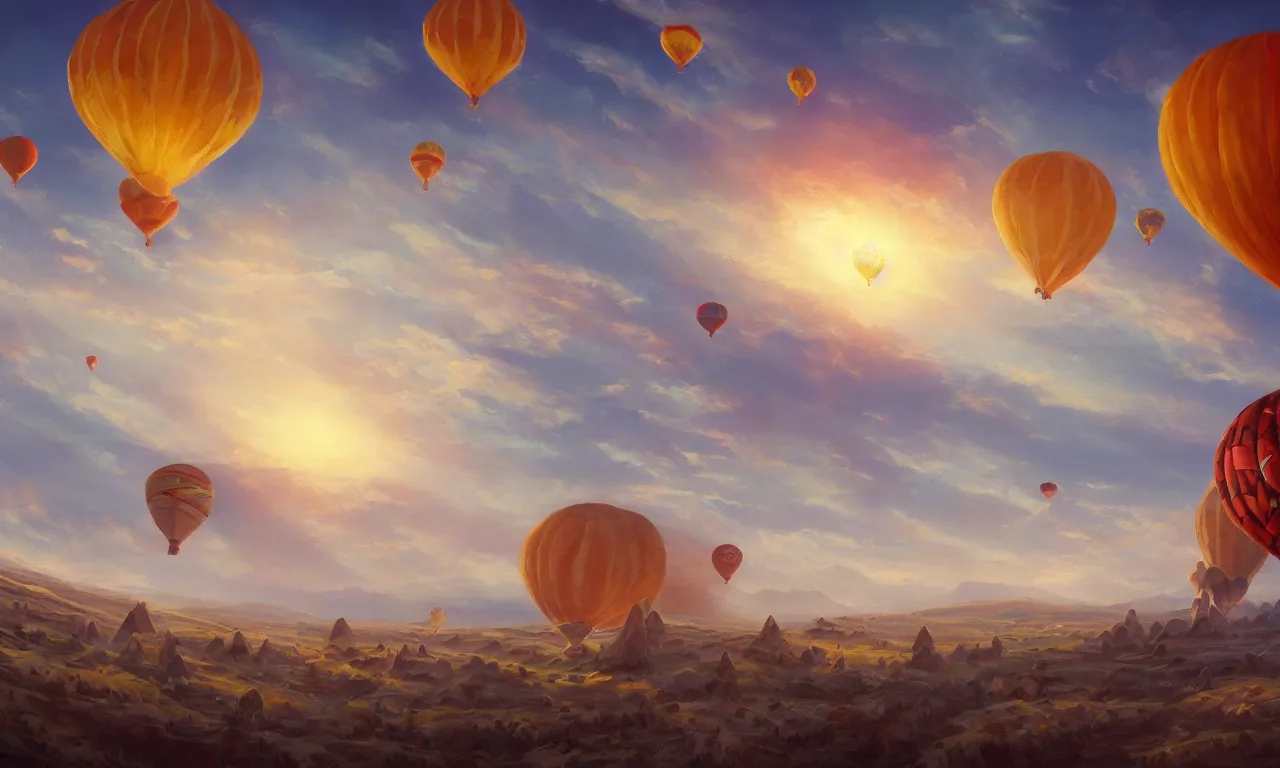 Prompt: Cappadocia landscape hot balloon, trending on artstation, by Noah Bradley