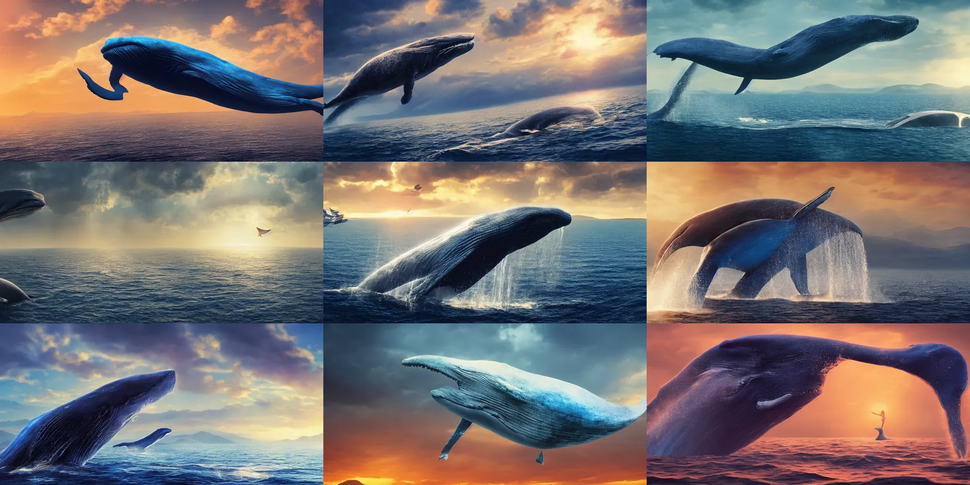 Prompt: a huge blue whale is floating in mid air, epic, cinematic shot, soft color, golden hour, artstation, atmosphere, high definition