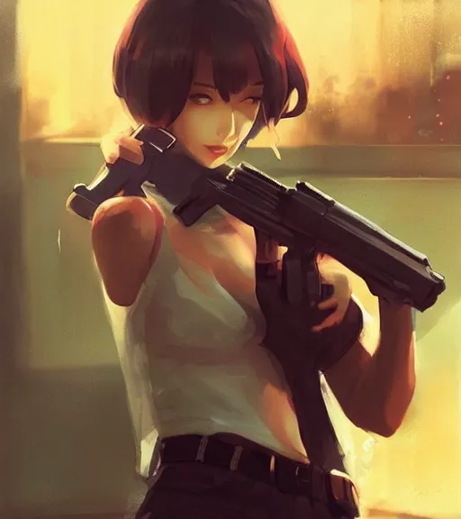 Prompt: pretty woman holding a gun, by wlop, rain, poster, anime key visual, artstation