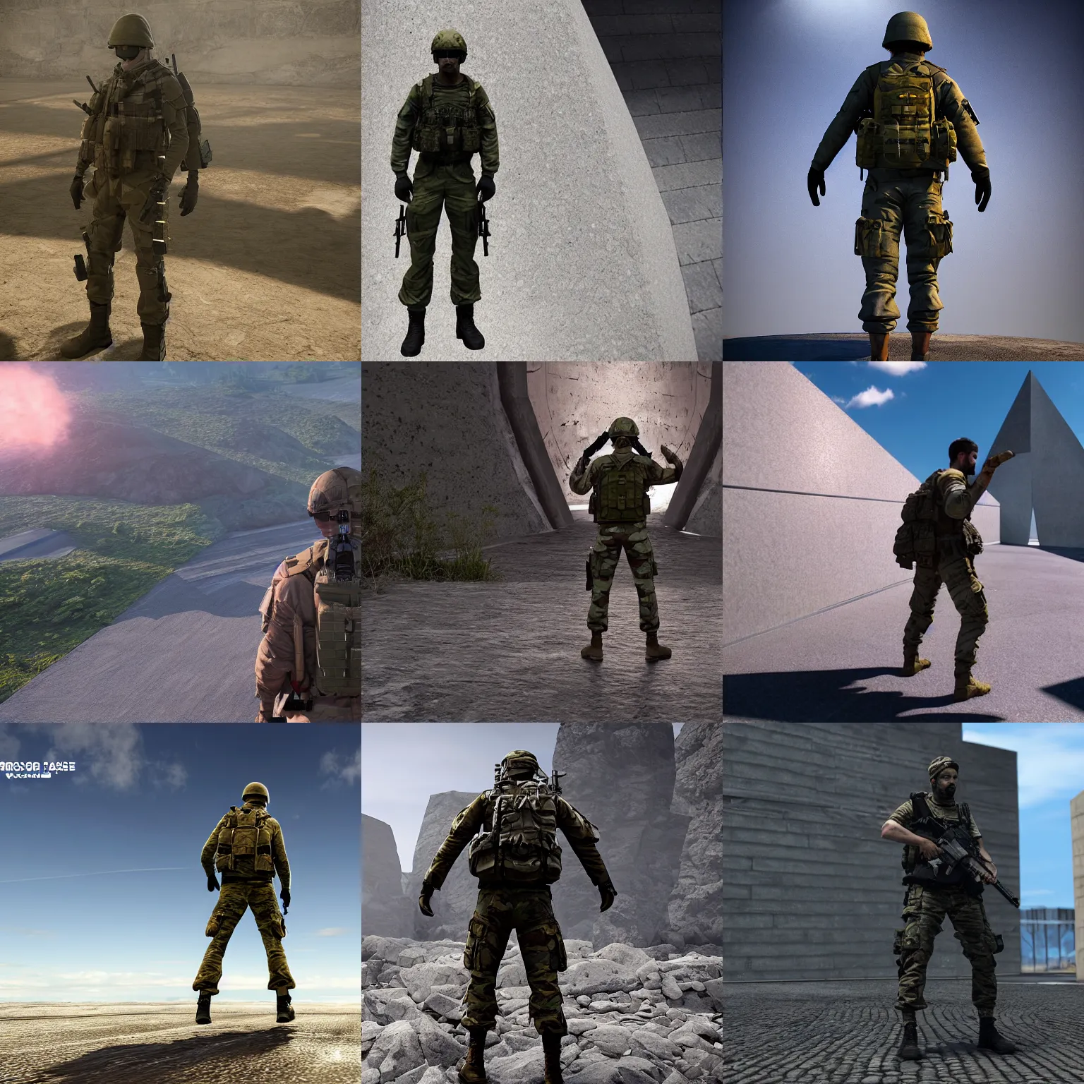 Prompt: an sas soldier standing in a t-pose on the side of a triangular prisom, unreal engine