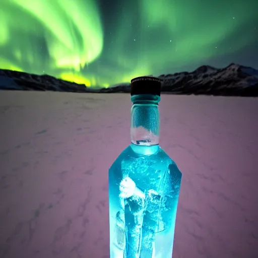 Image similar to vodka bottle buried in icy blue crystals in the arctic under aurora borealis