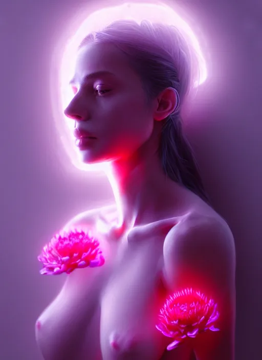 Image similar to portrait female posing sensual figure x - ray, skeletal, glowing veins under translucent skin, highly detailed skin, among neon bed of flowers, windy, stormy sky, bioluminescent, plasma, greg rutkowski, 8 k trending on artstation,