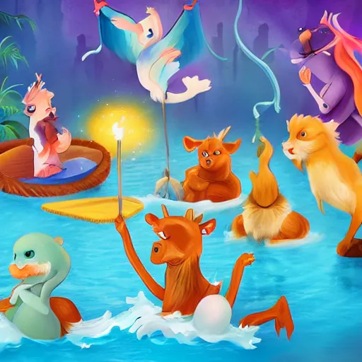 Prompt: Magical animals having a swin party, cartoon, trending on artstation