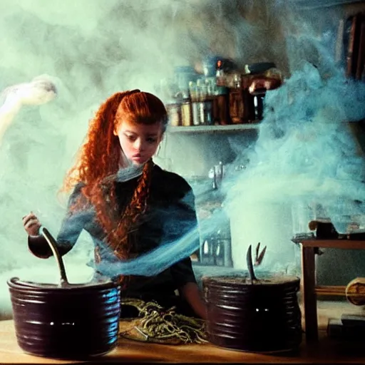 Prompt: teen witch mixing a spell in a cauldron, wispy smoke, studio lighting, a tabby cat watches her work, light is coming out of the cauldron, ingredients on the table, apothecary shelves in the background, still from the tv show just add magic