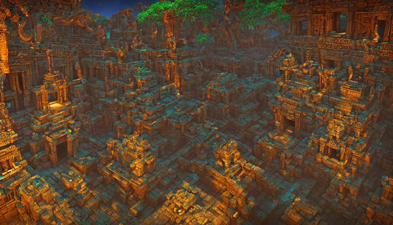 Image similar to ancient mayan temple halls , side-scrolling 2d platformer game level, glittering dust in the air illuminated by the dusk sun through the ceiling cracks, fantasy gigantic religious totem ruins with intricate mayan glyphs, volumetric light , detailed carved ornaments, rich color, upscale , 8k